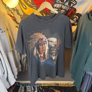 Vintage Faded 3D Emblem Native American Wolf Indian Eagle Graphic T-Shirt Large